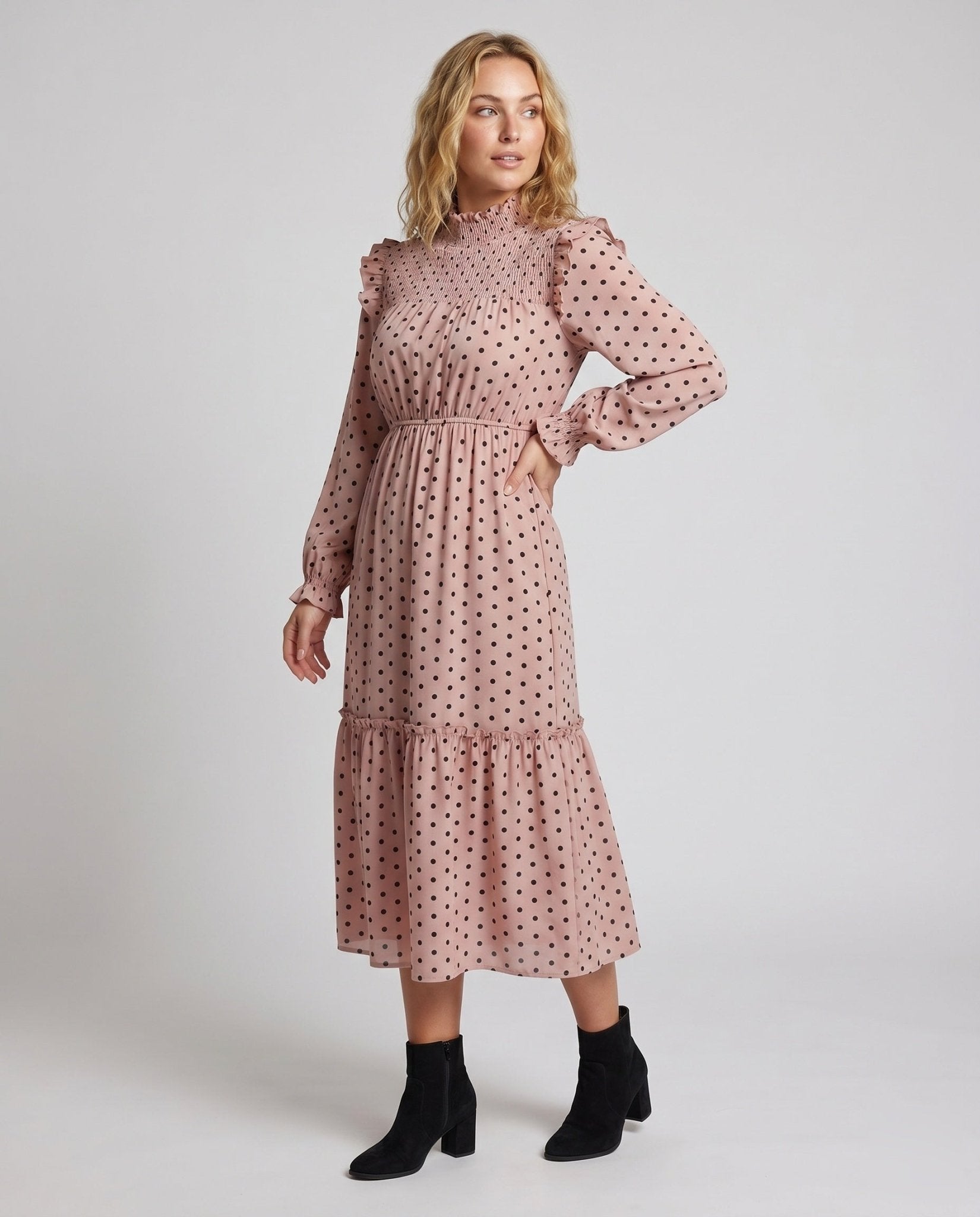 women's maxi dress with elegant ruffle details and polka dot pattern - Chichicherry