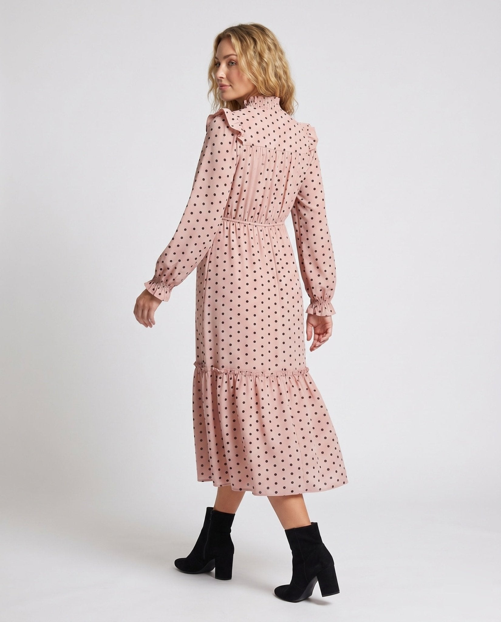 women's maxi dress with elegant ruffle details and polka dot pattern - Chichicherry