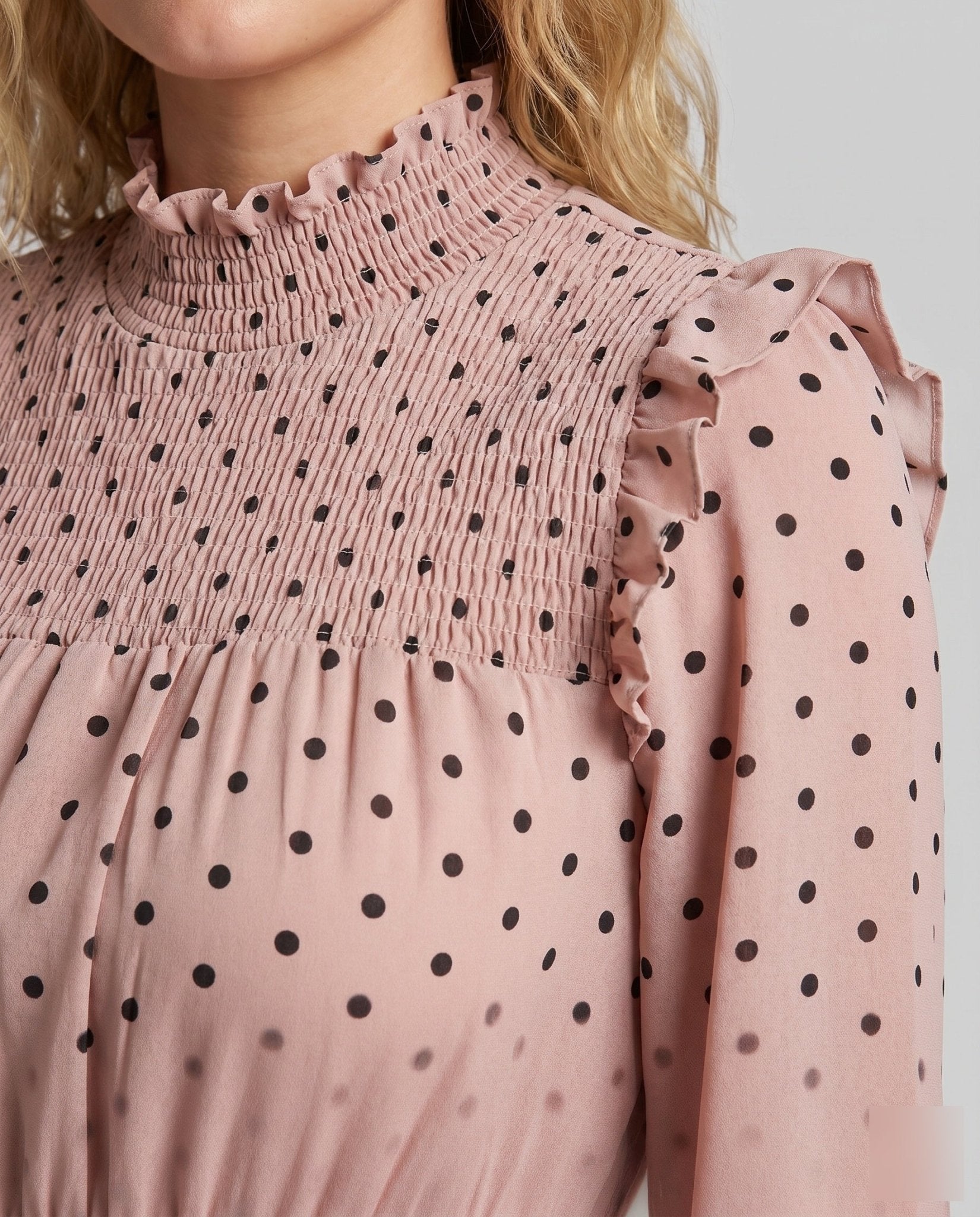 women's maxi dress with elegant ruffle details and polka dot pattern - Chichicherry