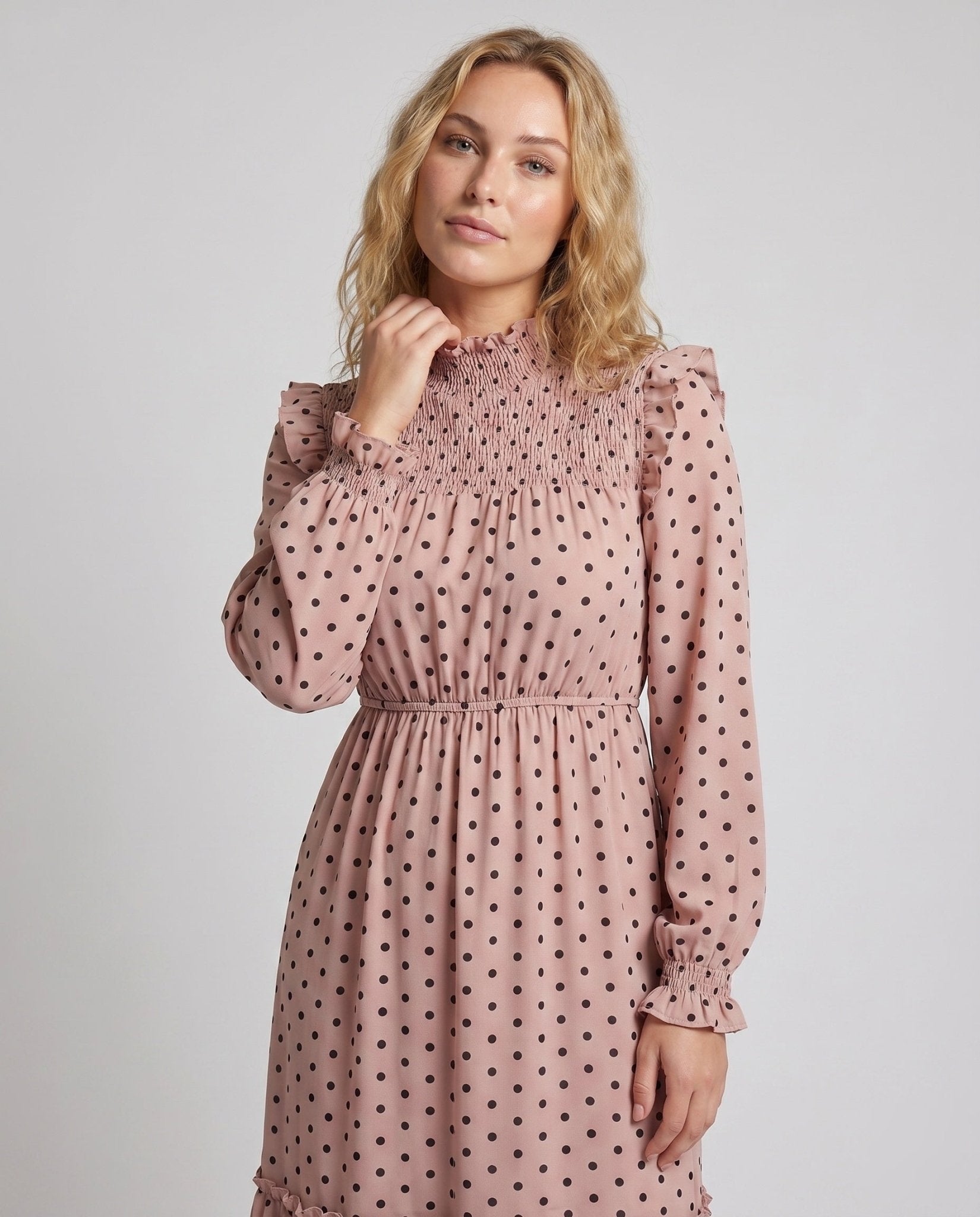 women's maxi dress with elegant ruffle details and polka dot pattern - Chichicherry