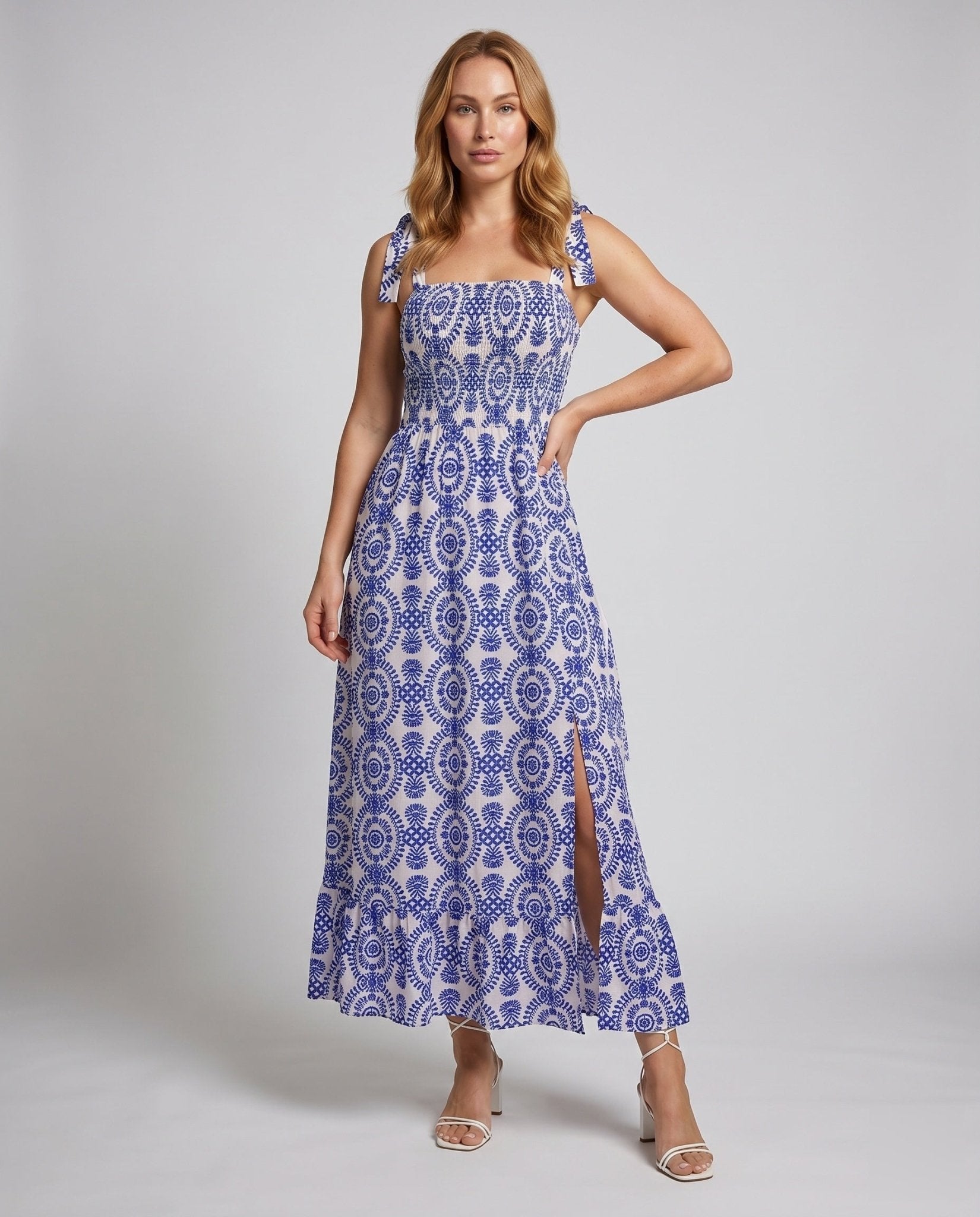 Women's maxi dress with floral cut-out and strap design - Chichicherry