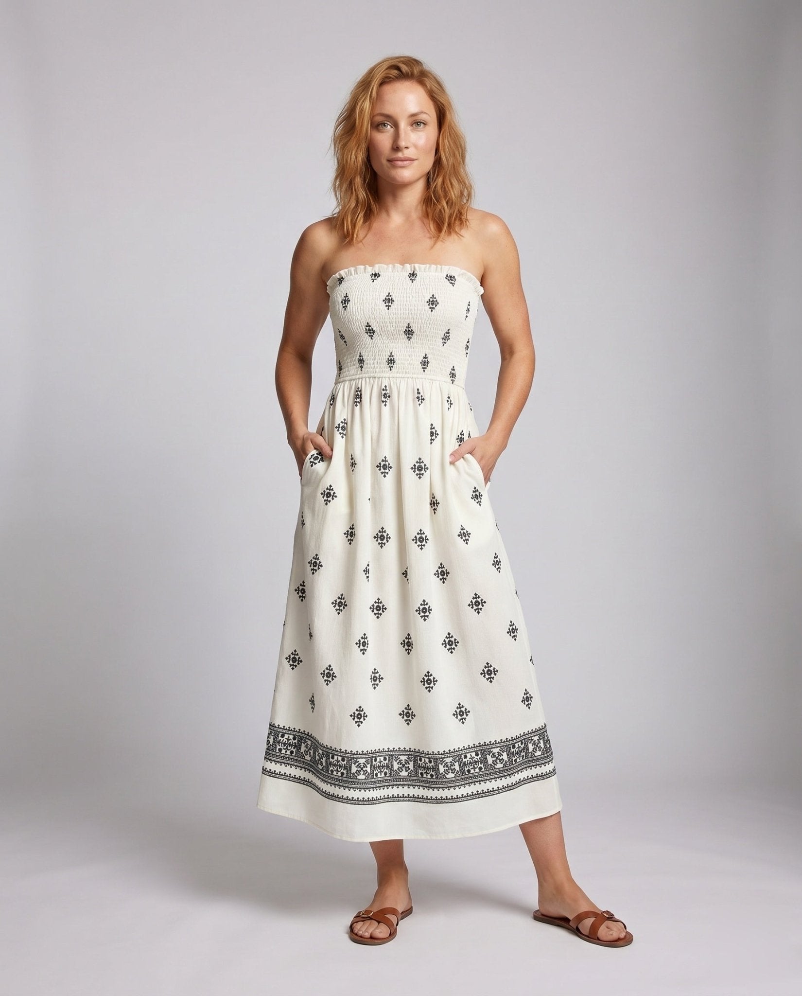 Women's maxi dress with floral jacquard pattern and elastic top - Chichicherry