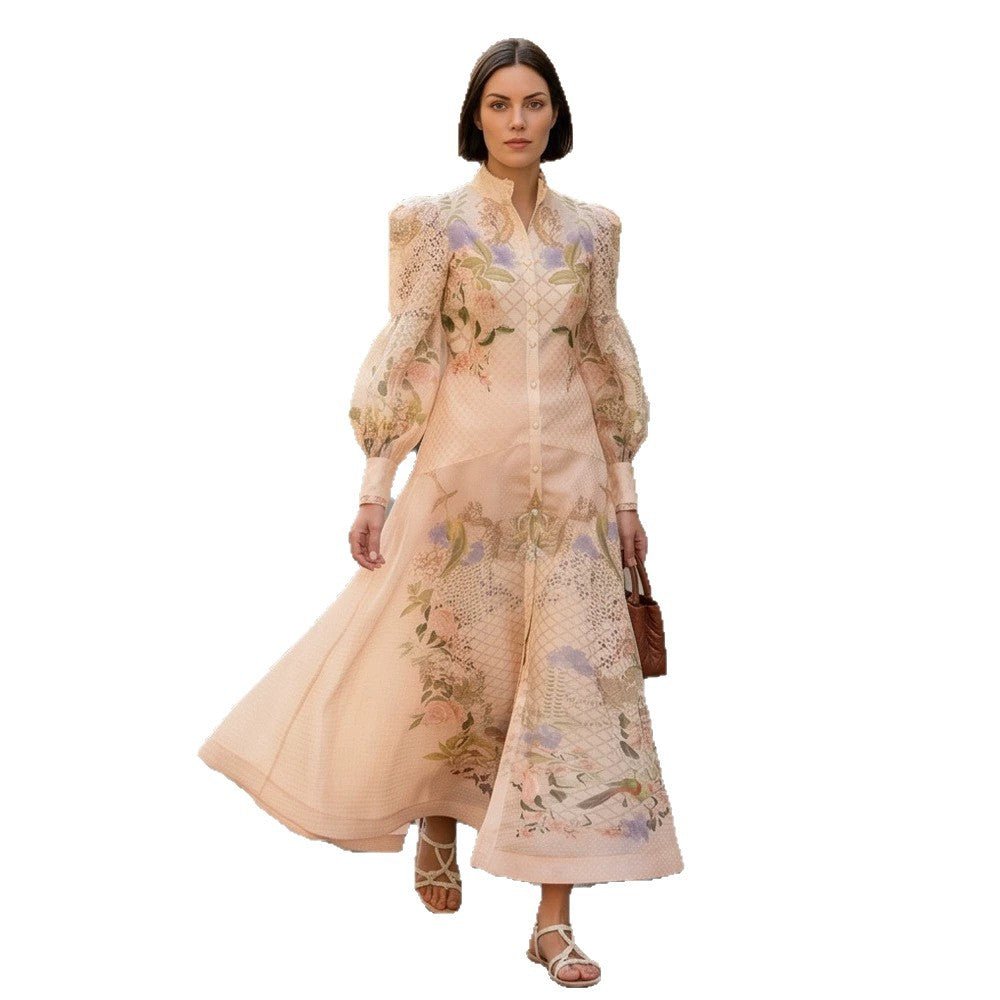 Women's maxi dress with floral print, button placket and voluminous puff sleeves Chichicherry - Chichicherry