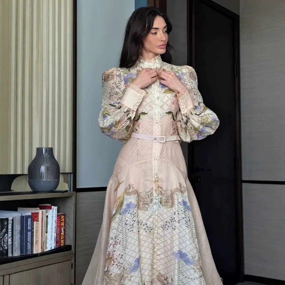 Women's maxi dress with floral print, button placket and voluminous puff sleeves Chichicherry - Chichicherry