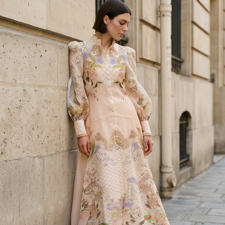 Women's maxi dress with floral print, button placket and voluminous puff sleeves Chichicherry - Chichicherry