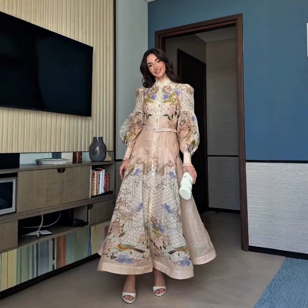 Women's maxi dress with floral print, button placket and voluminous puff sleeves Chichicherry - Chichicherry