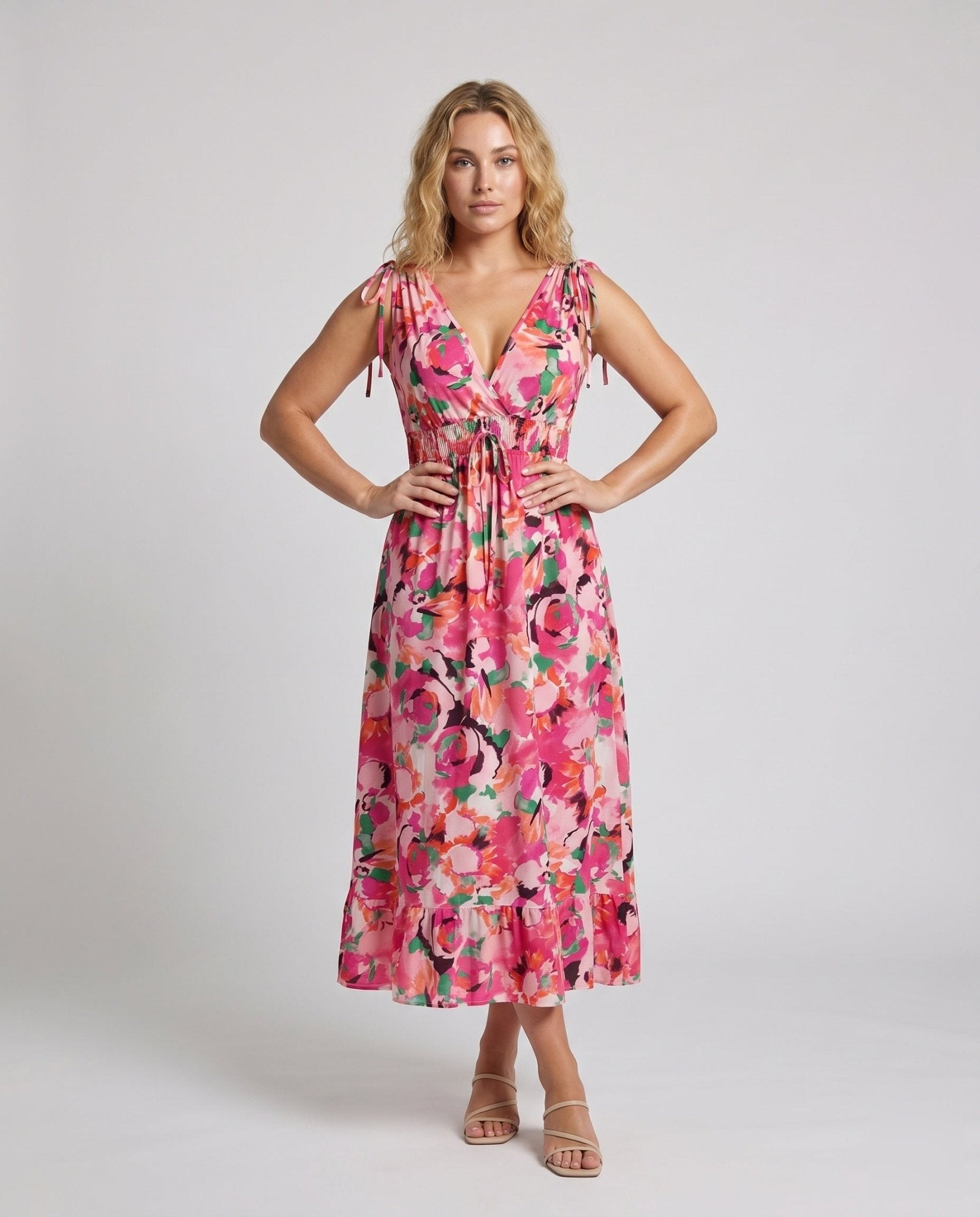 Women’s maxi dress with floral ruffles and adjustable straps - Chichicherry