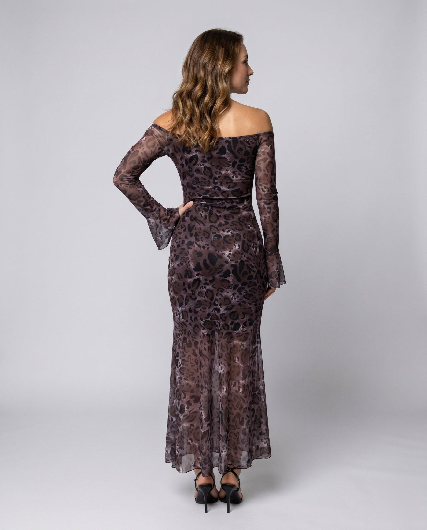 Women's maxi dress with off-shoulder design element and transparent sleeves - Chichicherry