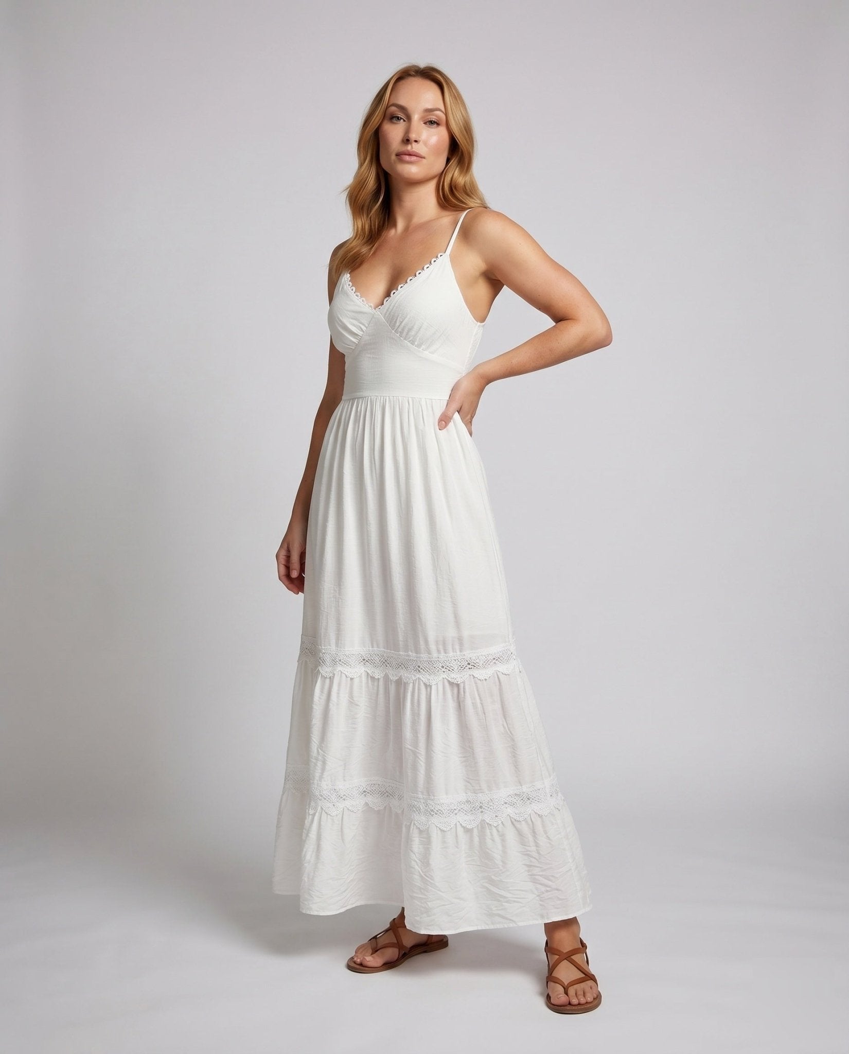 Women's maxi dress with playful ruffle design and adjustable spaghetti straps - Chichicherry