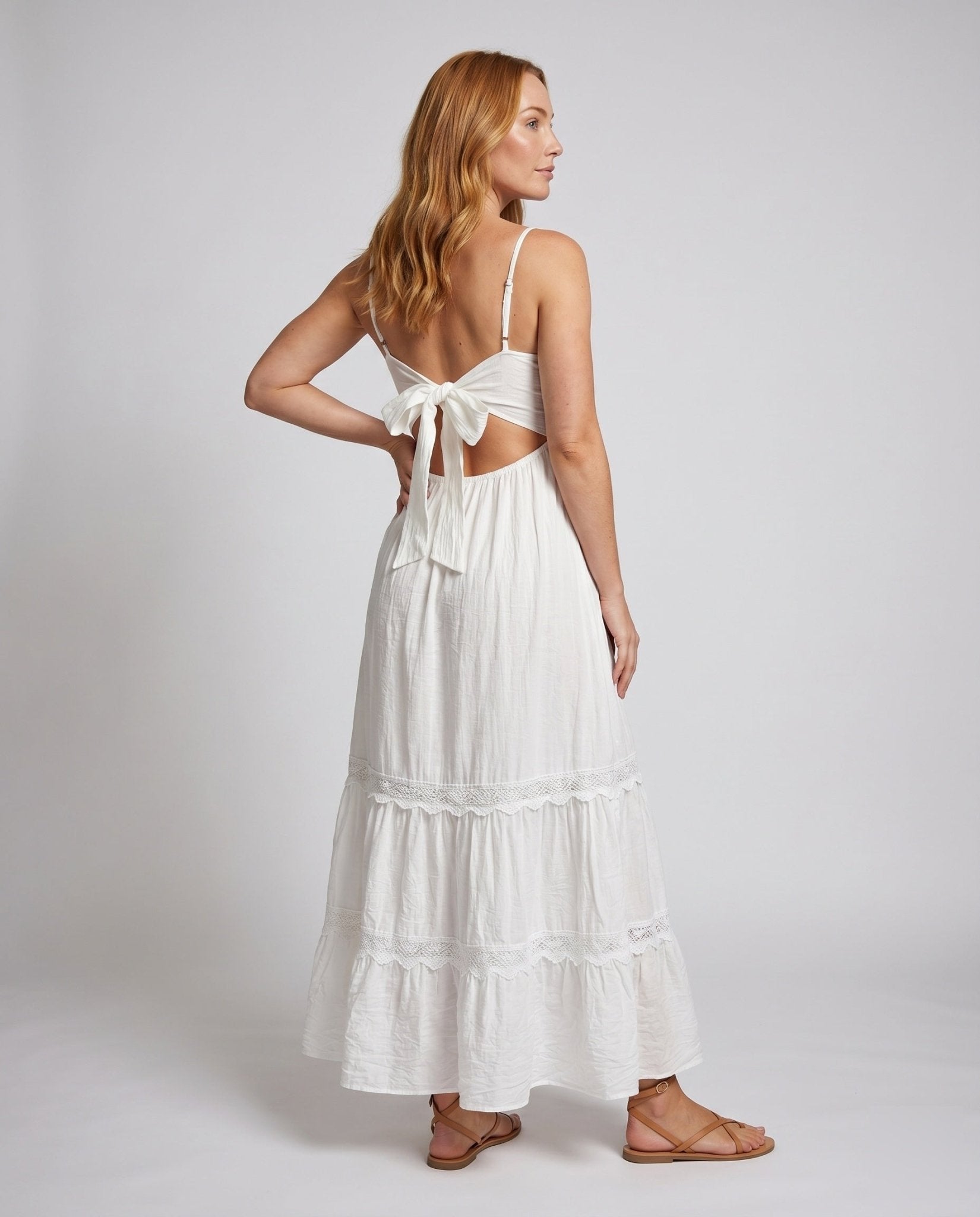 Women's maxi dress with playful ruffle design and adjustable spaghetti straps - Chichicherry