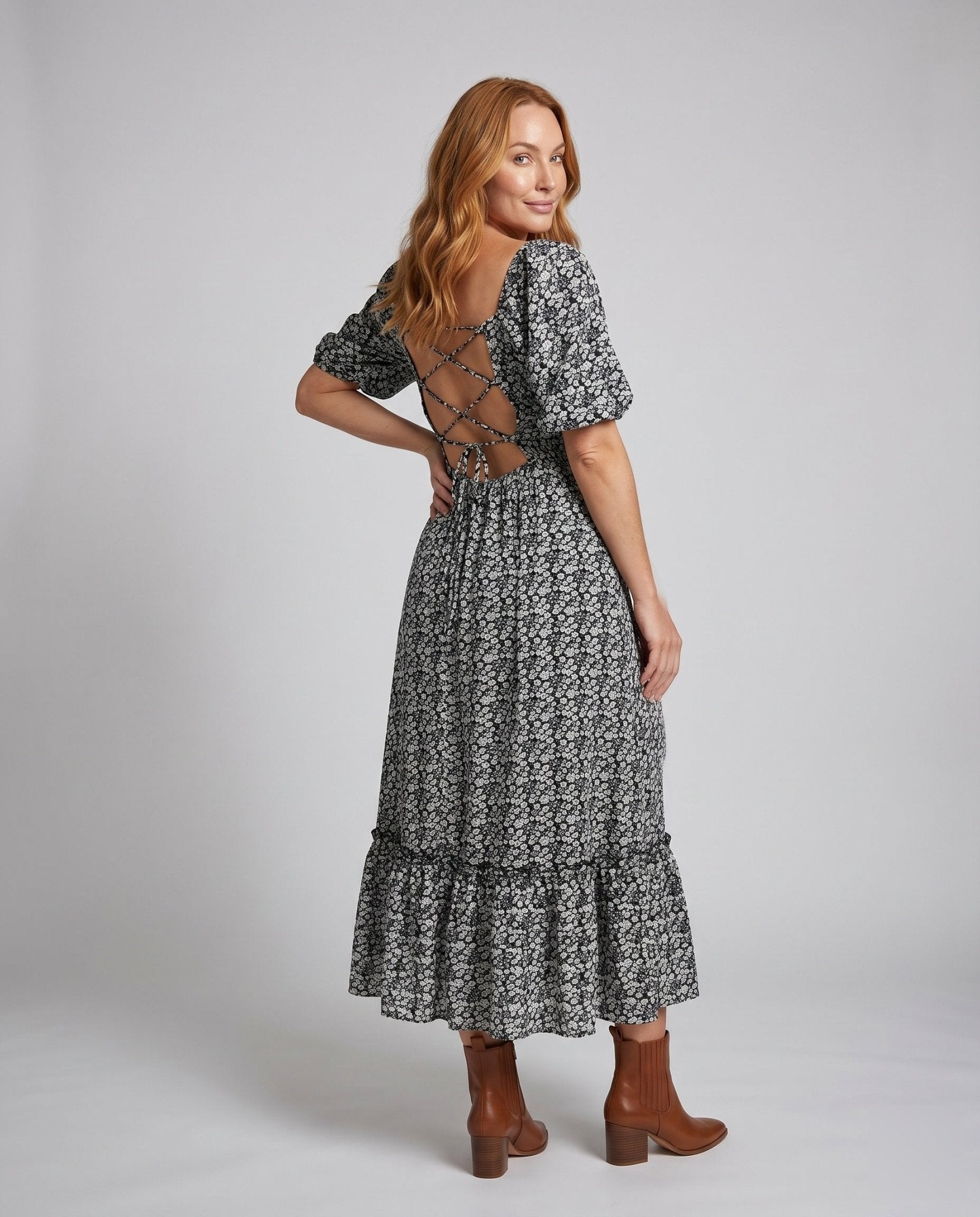 Women’s maxi dress with playful ruffle hem and elegant back cutout - Chichicherry