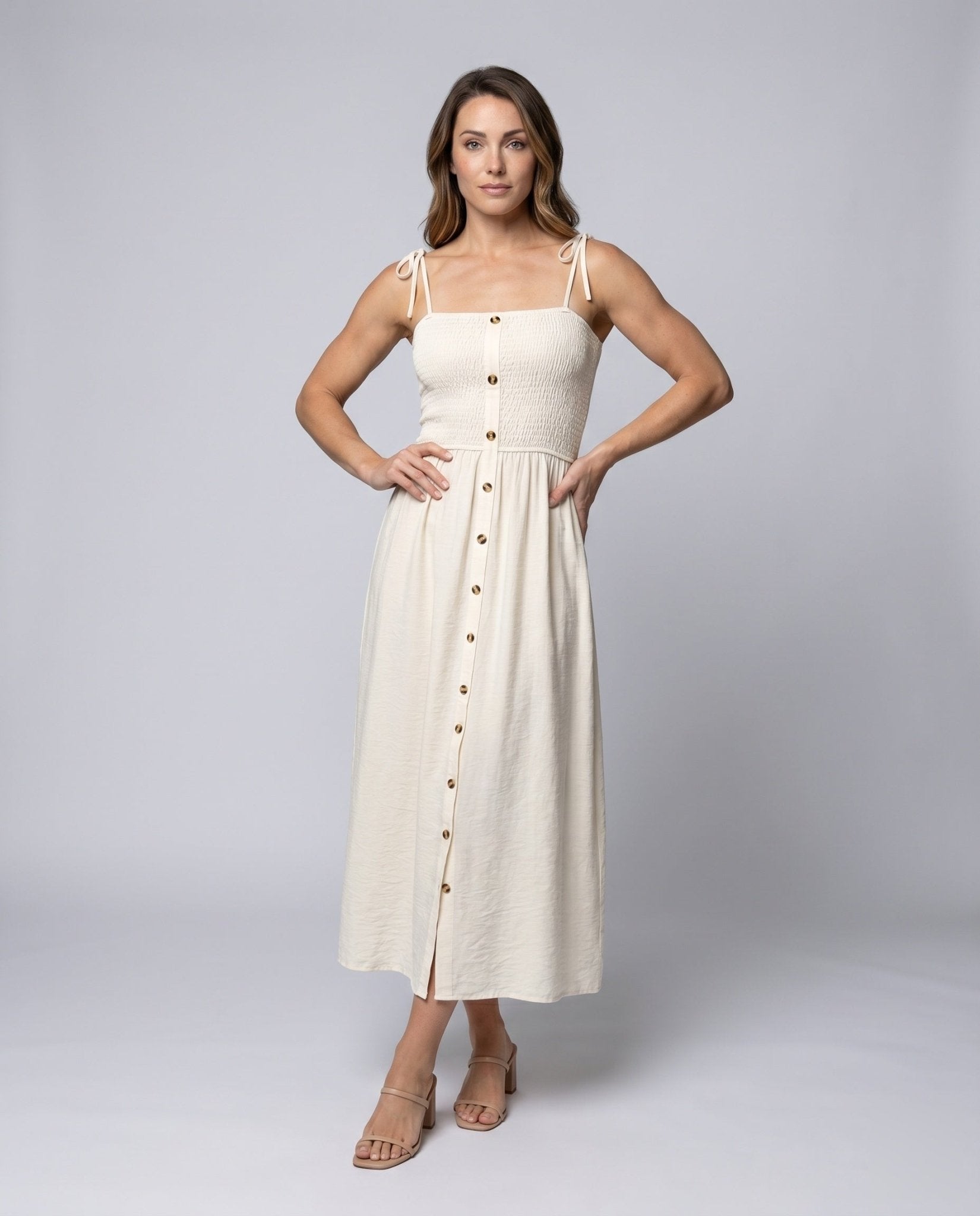 Women's Maxi Dress with Ruffles and Button Details - Chichicherry