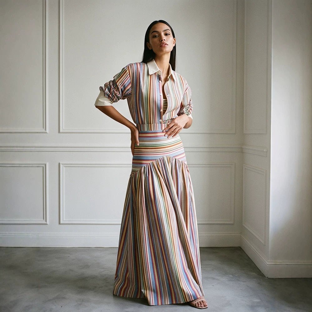Women’s maxi dress with shirt collar, fitted waistband & layered tiered skirt Chichicherry - Chichicherry