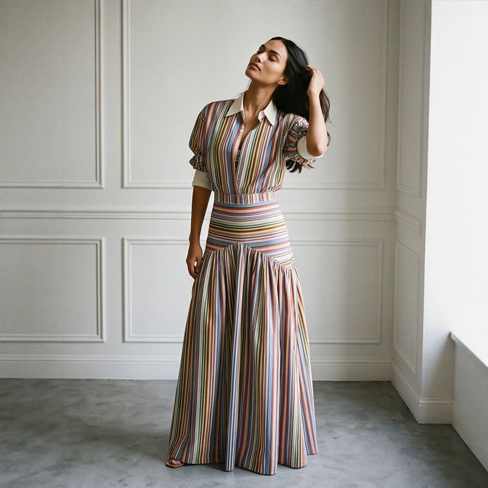 Women’s maxi dress with shirt collar, fitted waistband & layered tiered skirt Chichicherry - Chichicherry