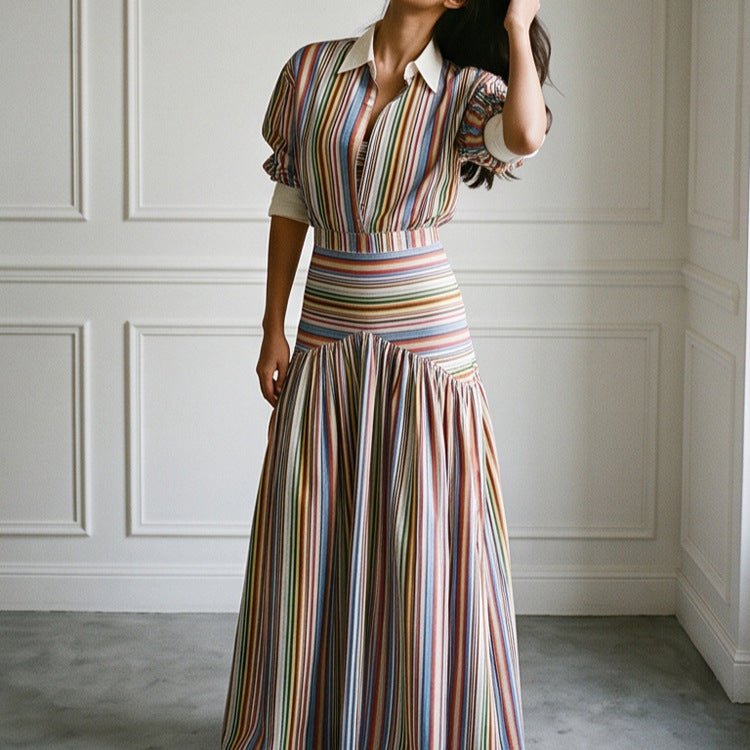 Women’s maxi dress with shirt collar, fitted waistband & layered tiered skirt Chichicherry - Chichicherry