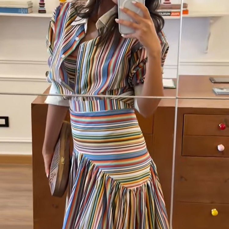 Women’s maxi dress with shirt collar, fitted waistband & layered tiered skirt Chichicherry - Chichicherry