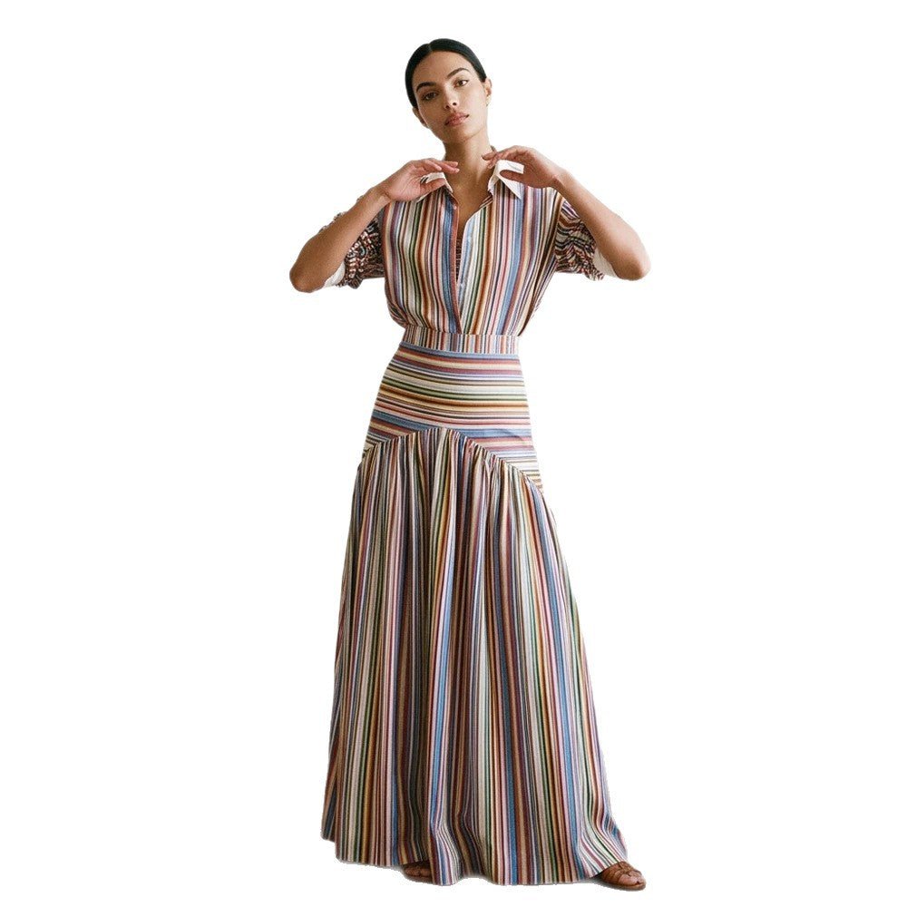 Women’s maxi dress with shirt collar, fitted waistband & layered tiered skirt Chichicherry - Chichicherry