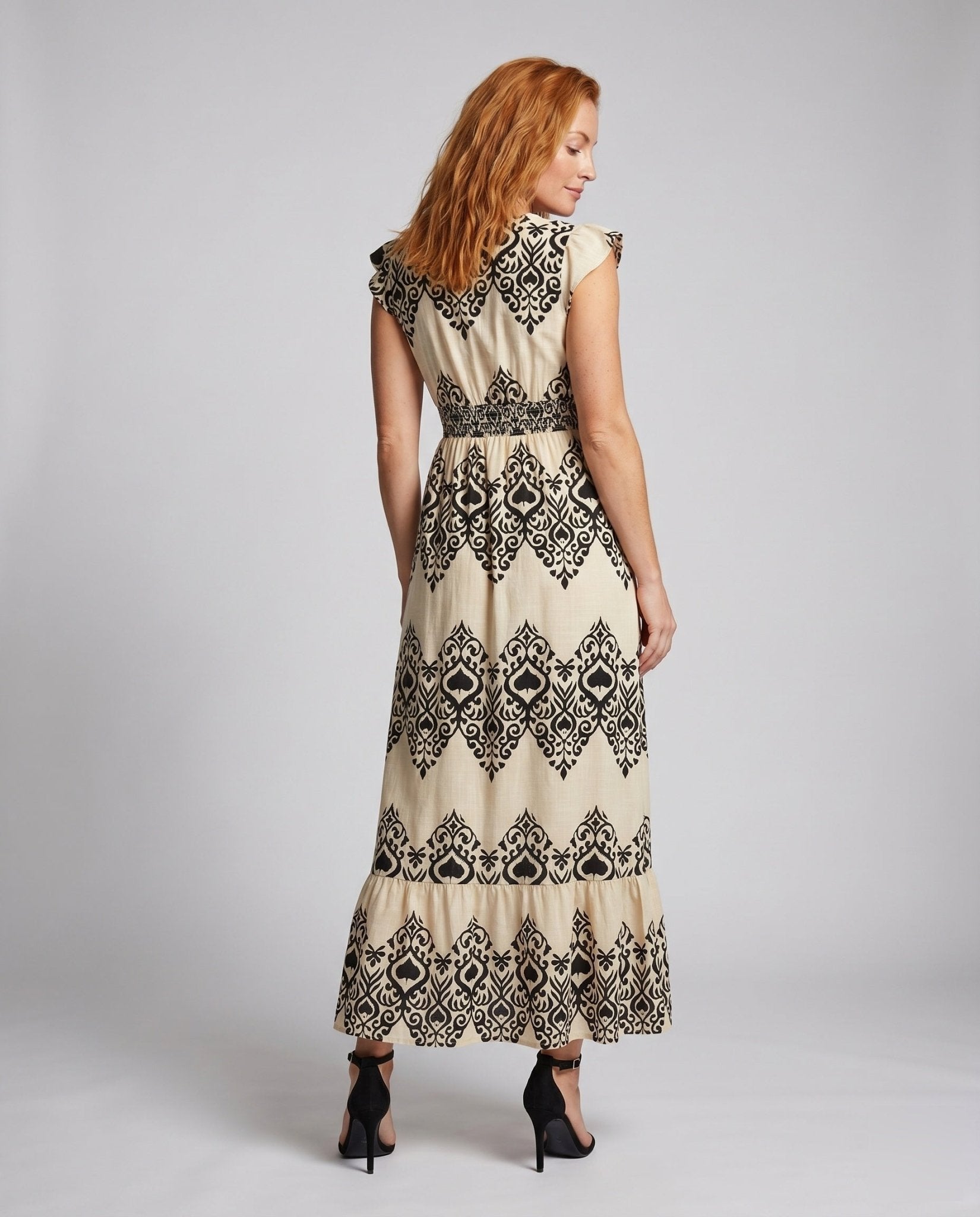 Women's maxi dress with sophisticated print and elastic bodice - Chichicherry
