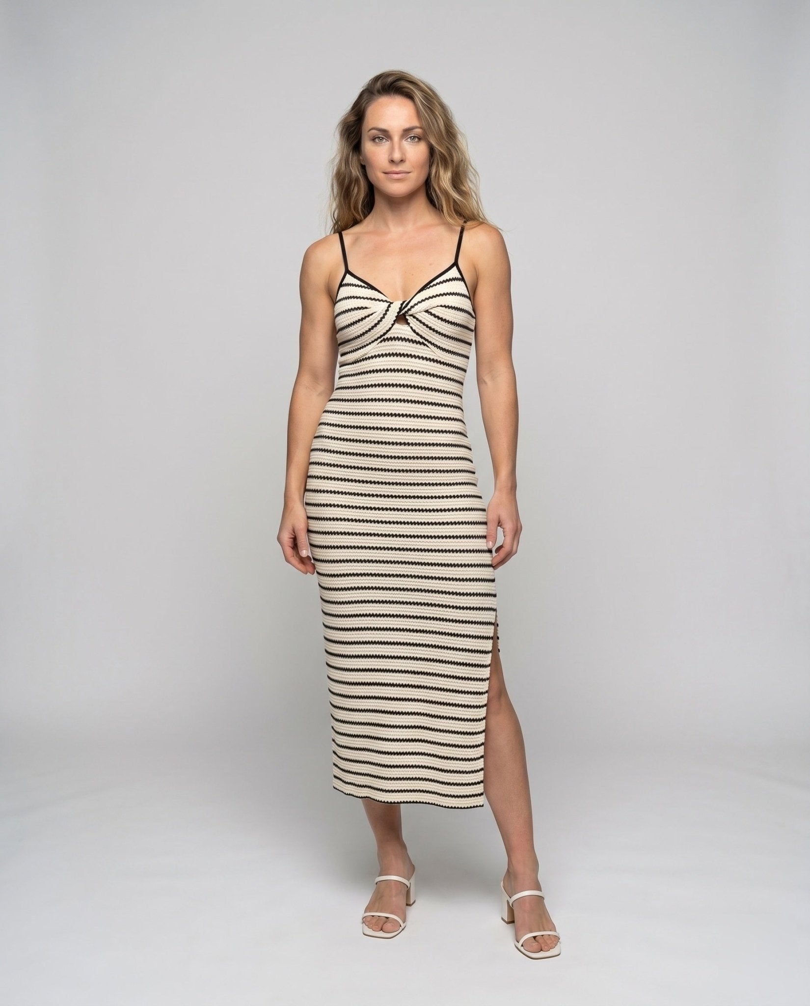 Women's maxi dress with spaghetti straps and stylish stripe pattern - Chichicherry