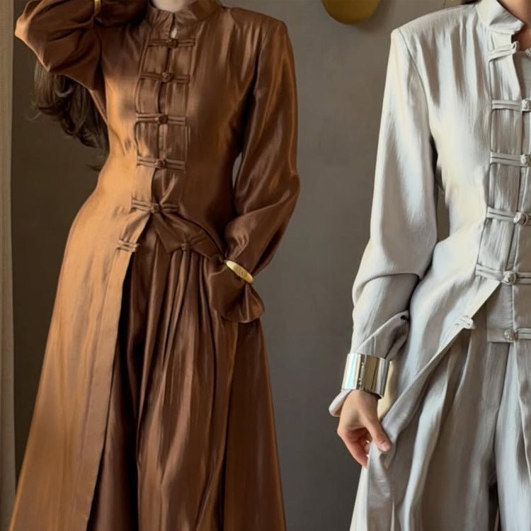 Women’s maxi dress with stand-up collar, traditional knot closure, and balloon sleeves Chichicherry - Chichicherry