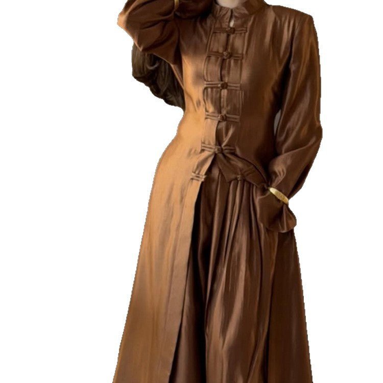 Women’s maxi dress with stand-up collar, traditional knot closure, and balloon sleeves Chichicherry - Chichicherry