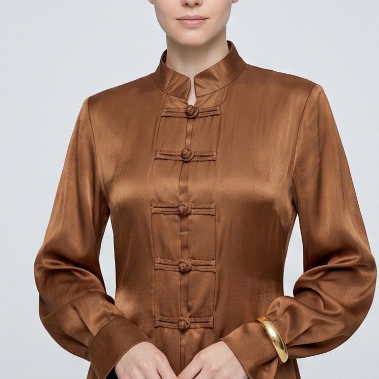Women’s maxi dress with stand-up collar, traditional knot closure, and balloon sleeves Chichicherry - Chichicherry