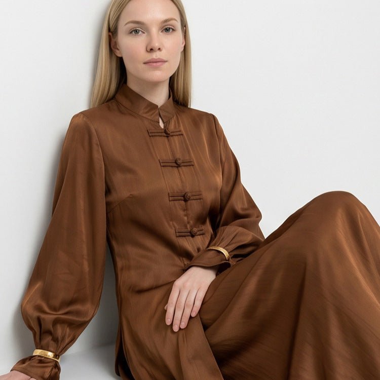 Women’s maxi dress with stand-up collar, traditional knot closure, and balloon sleeves Chichicherry - Chichicherry