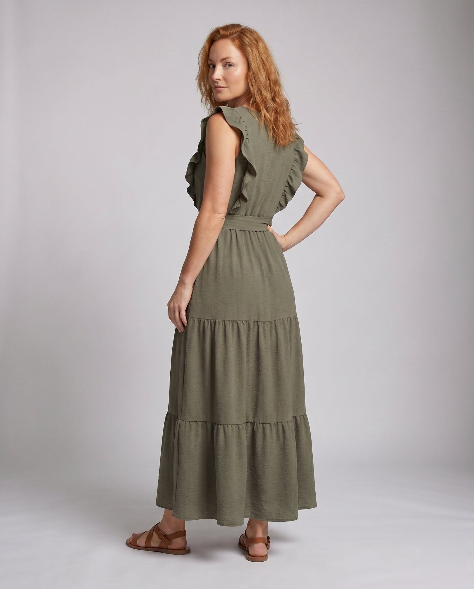 Women’s maxi dress with voluminous ruffle details and a stylish waist belt - Chichicherry