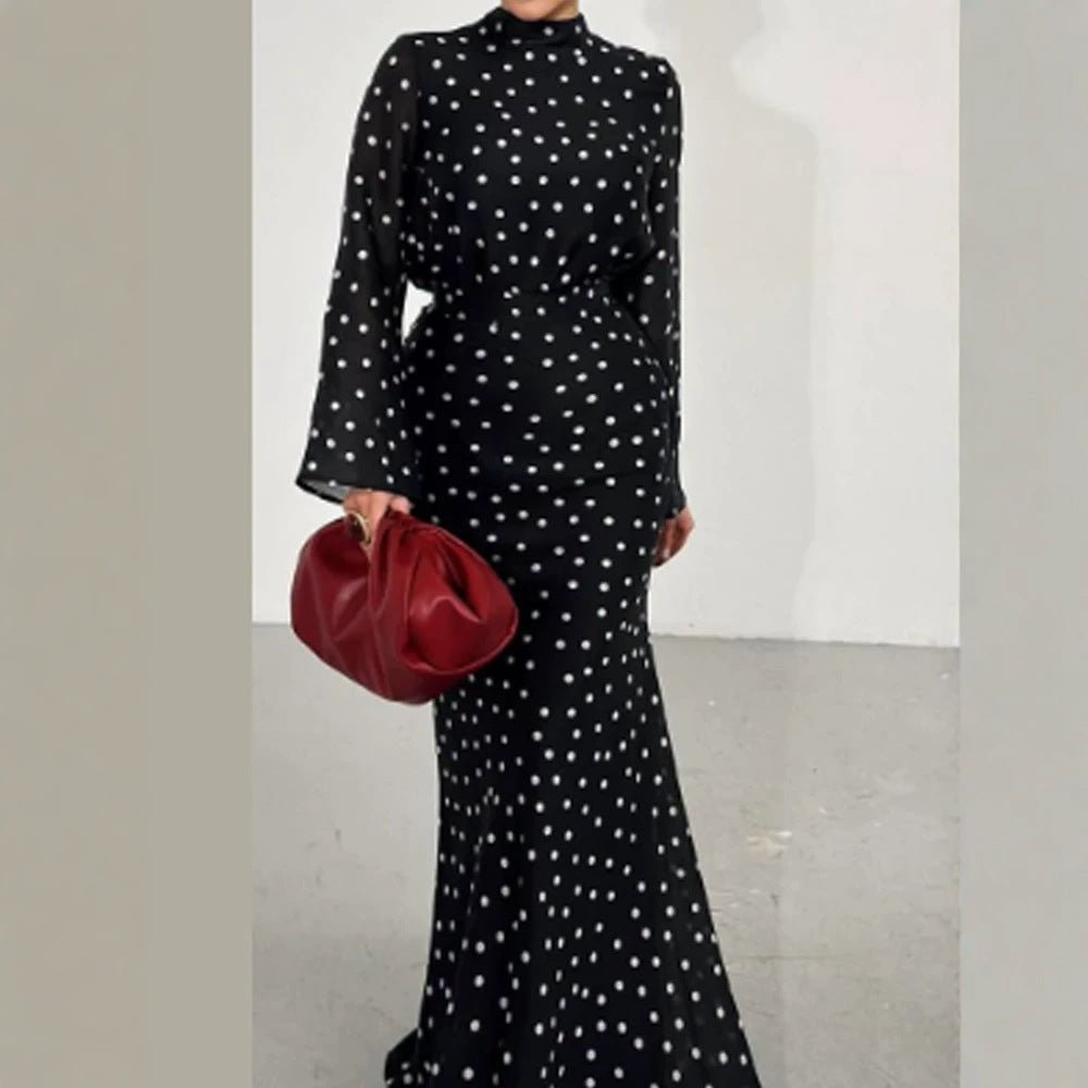 Women's maxi dress with waist-accentuating mermaid silhouette and polka dot print Chichicherry - Chichicherry