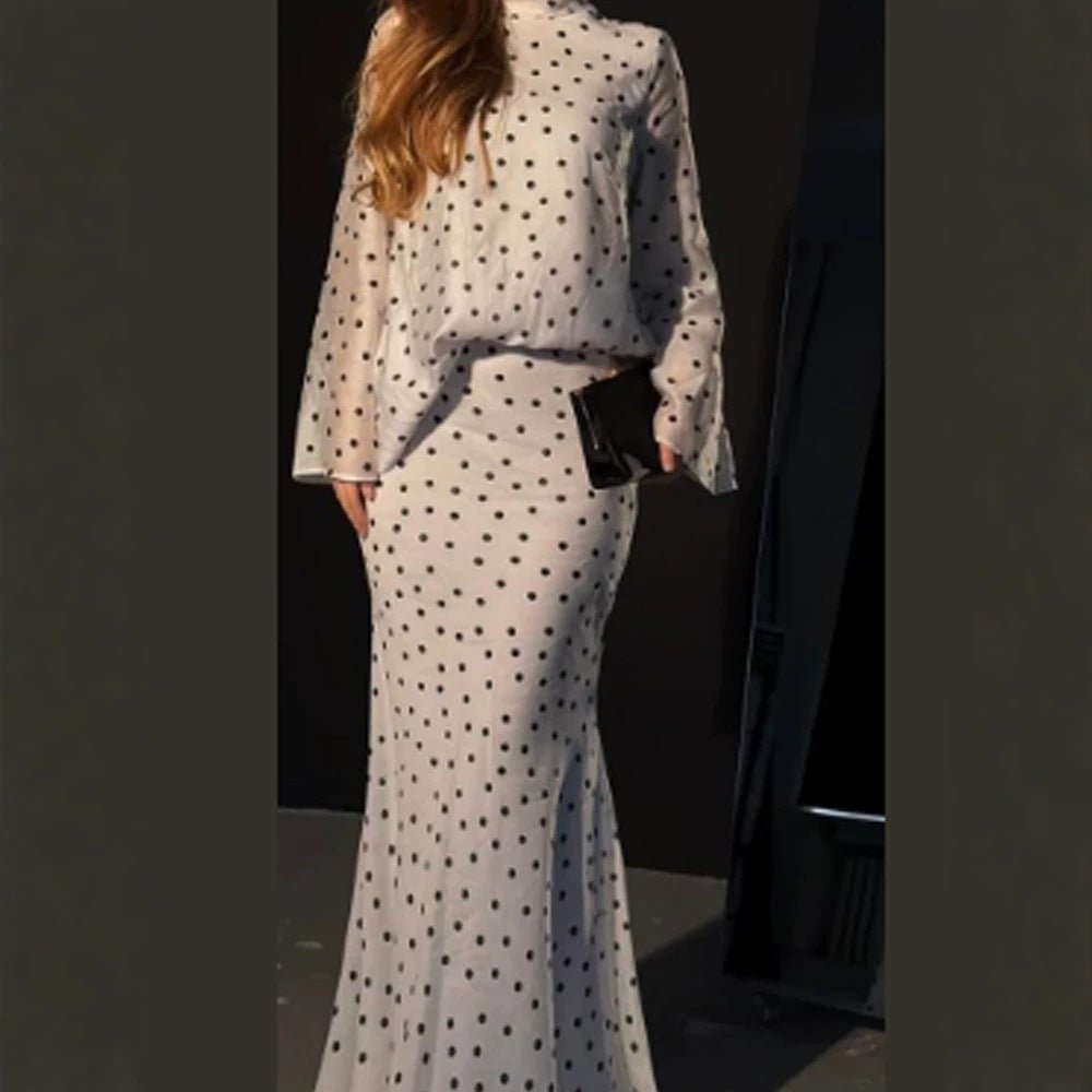 Women's maxi dress with waist-accentuating mermaid silhouette and polka dot print Chichicherry - Chichicherry