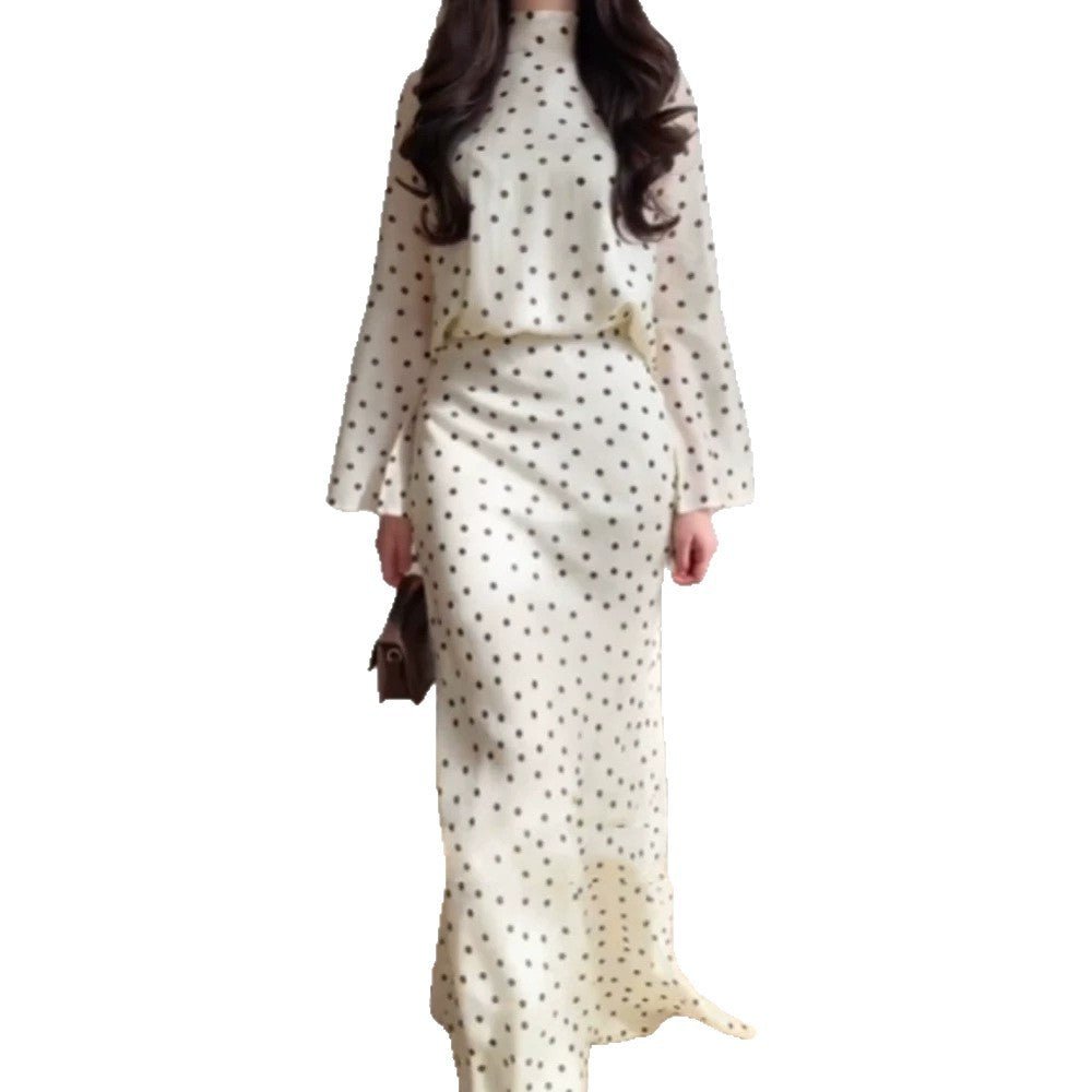 Women's maxi dress with waist-accentuating mermaid silhouette and polka dot print Chichicherry - Chichicherry