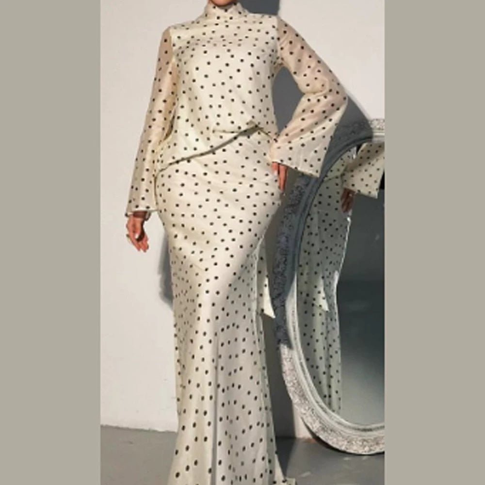Women's maxi dress with waist-accentuating mermaid silhouette and polka dot print Chichicherry - Chichicherry