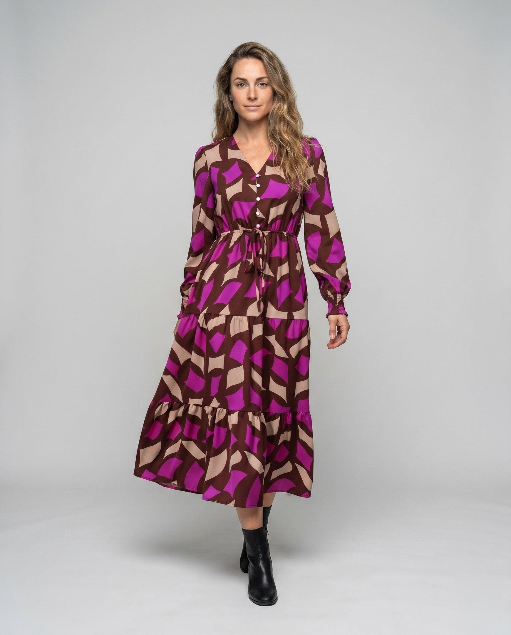 Women's maxi dress with waistband and playful ruffle trim - Chichicherry