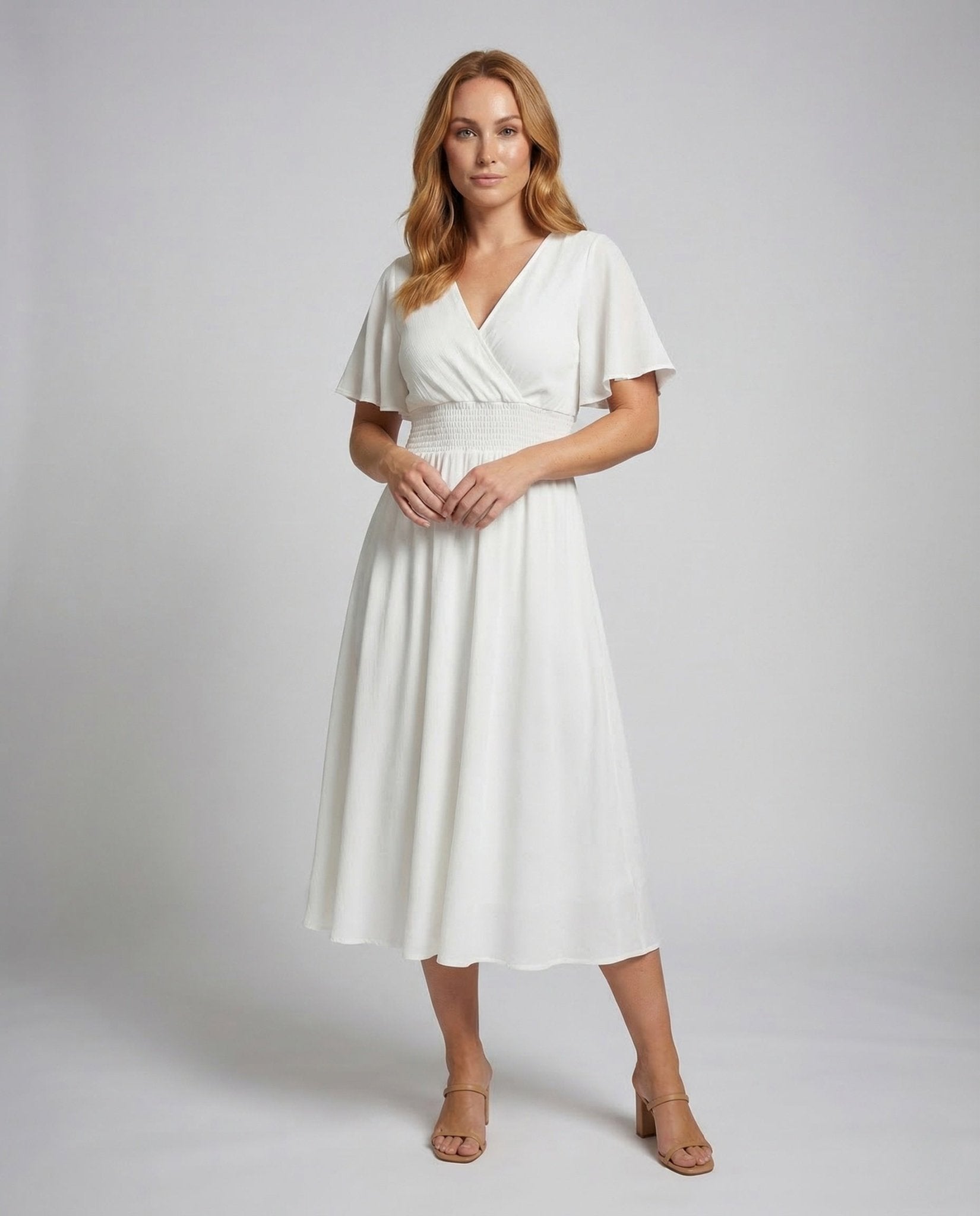 Women's maxi dress wrap look smocked waist puff sleeves - Chichicherry