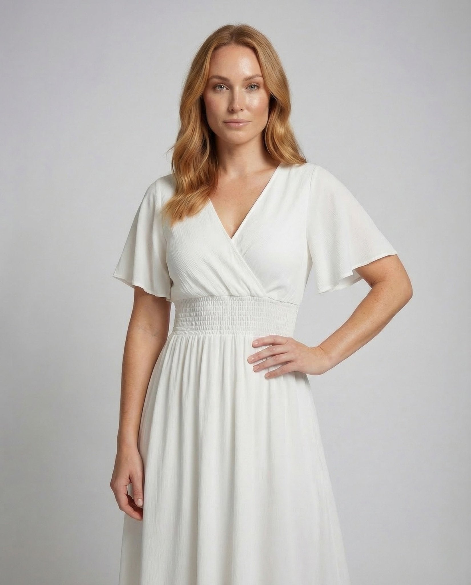 Women's maxi dress wrap look smocked waist puff sleeves - Chichicherry