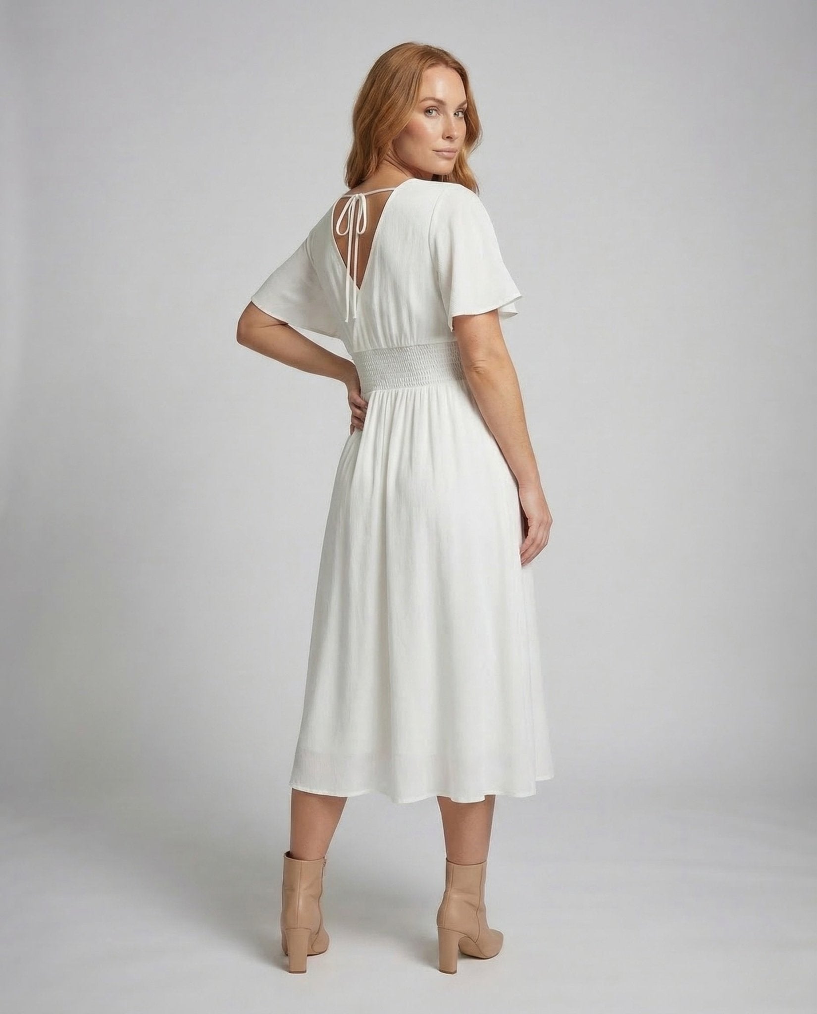 Women's maxi dress wrap look smocked waist puff sleeves - Chichicherry