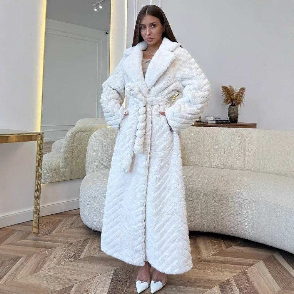 Women's Maxi Faux Fur Coat with Hood and Chevron Quilting Chichicherry - Chichicherry