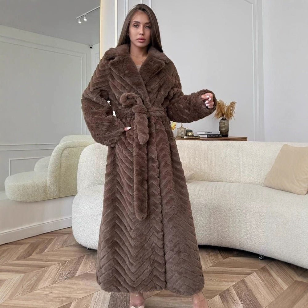 Women's Maxi Faux Fur Coat with Hood and Chevron Quilting Chichicherry - Chichicherry