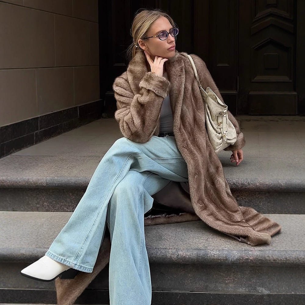 Women's Maxi Faux Fur Coat with Wide Lapel and Loose Fit Chichicherry - Chichicherry