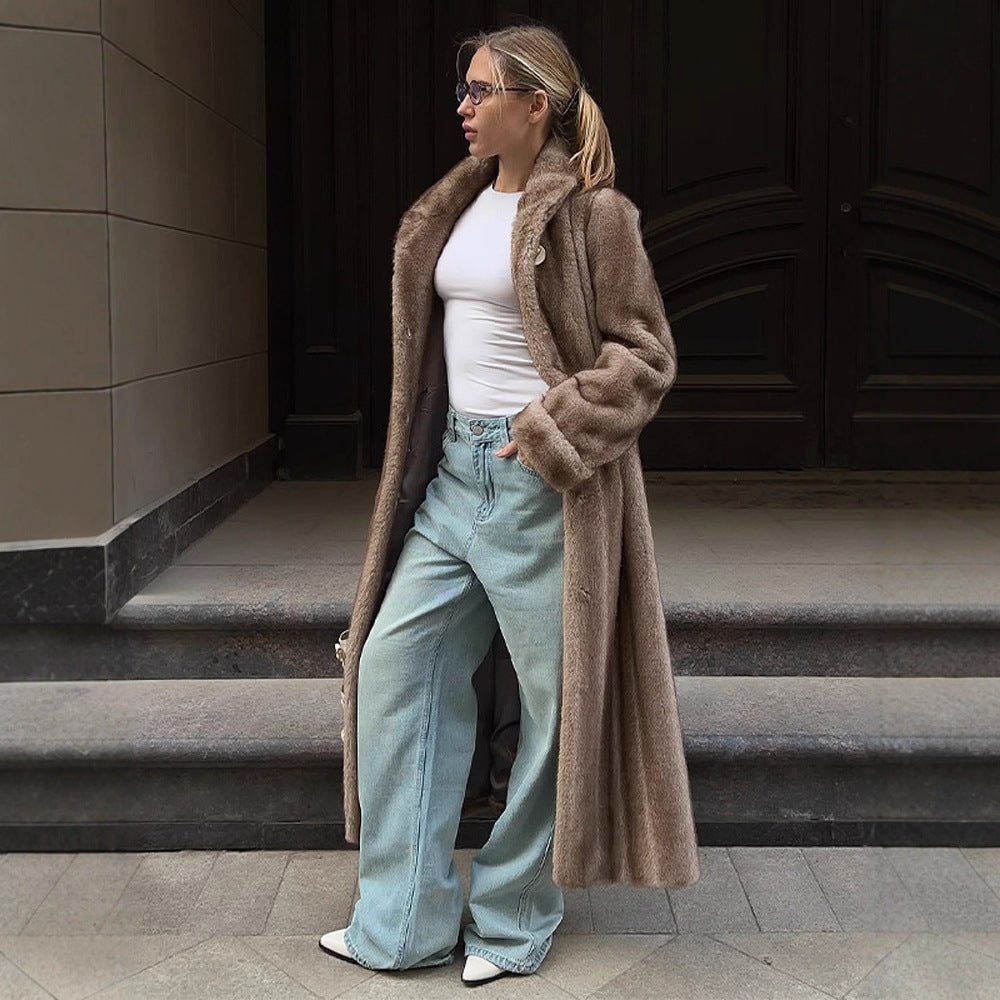 Women's Maxi Faux Fur Coat with Wide Lapel and Loose Fit Chichicherry - Chichicherry