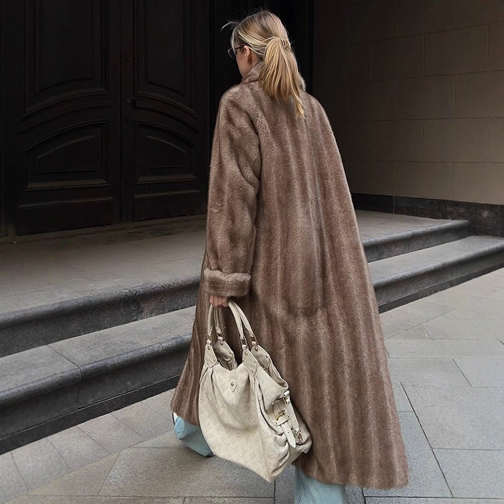 Women's Maxi Faux Fur Coat with Wide Lapel and Loose Fit Chichicherry - Chichicherry