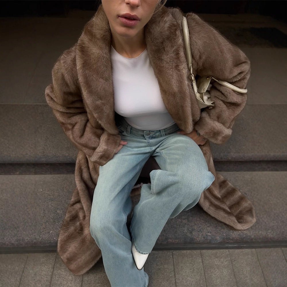 Women's Maxi Faux Fur Coat with Wide Lapel and Loose Fit Chichicherry - Chichicherry