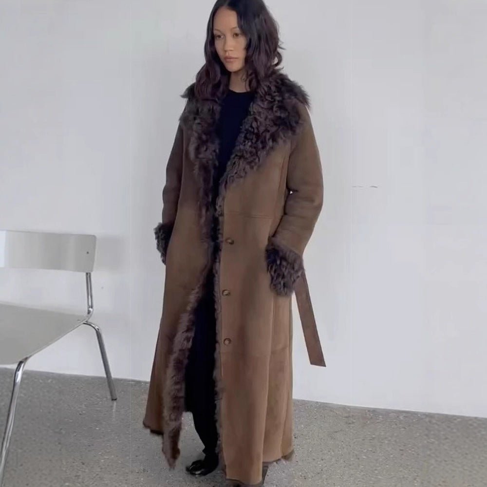 Women's Maxi-Length Faux Velvet Coat in Shearling Style with Shawl Collar and Button Placket Chichicherry - Chichicherry