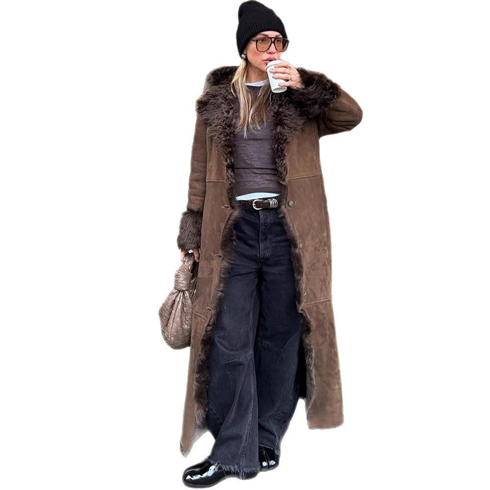 Women's Maxi-Length Faux Velvet Coat in Shearling Style with Shawl Collar and Button Placket Chichicherry - Chichicherry