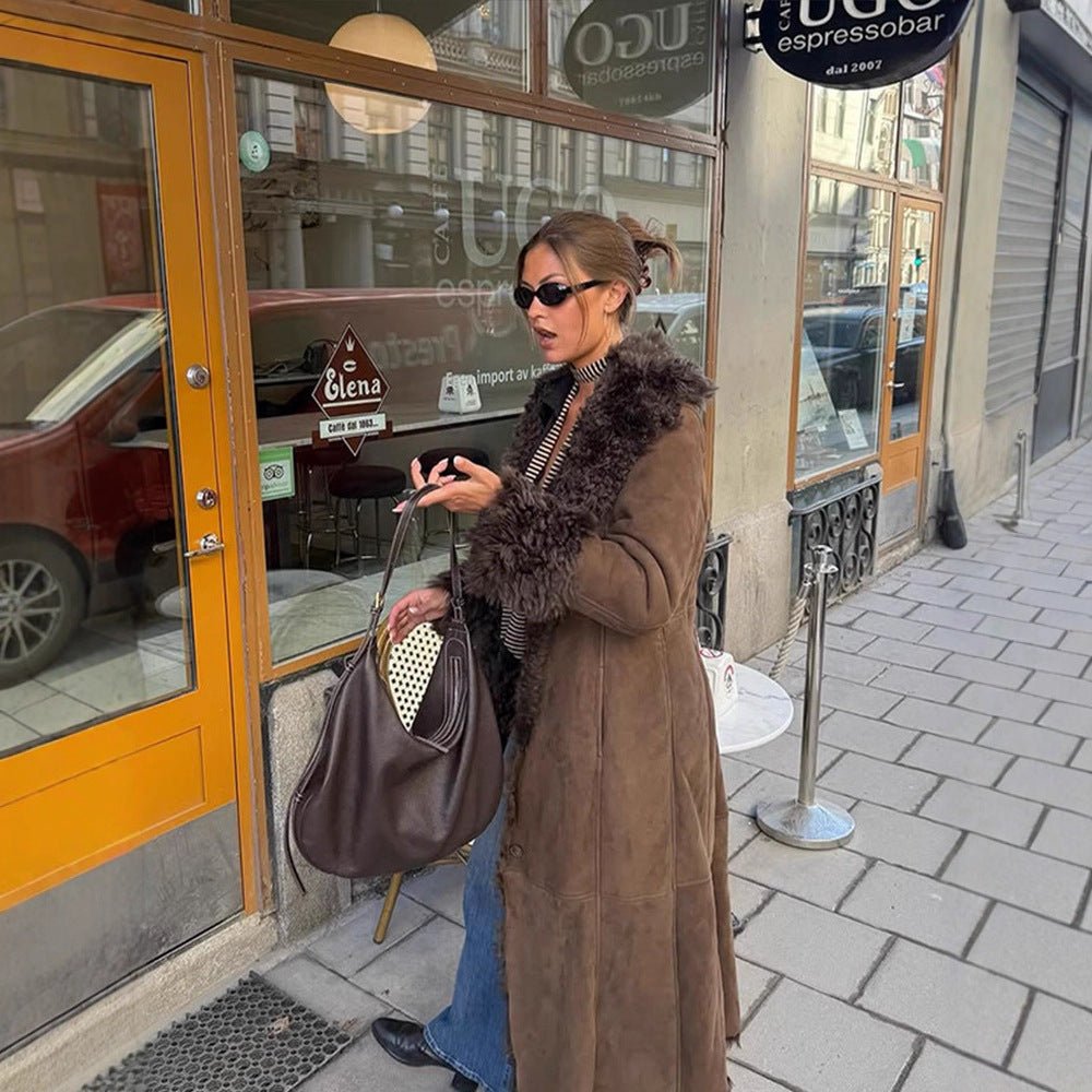 Women's Maxi-Length Faux Velvet Coat in Shearling Style with Shawl Collar and Button Placket Chichicherry - Chichicherry