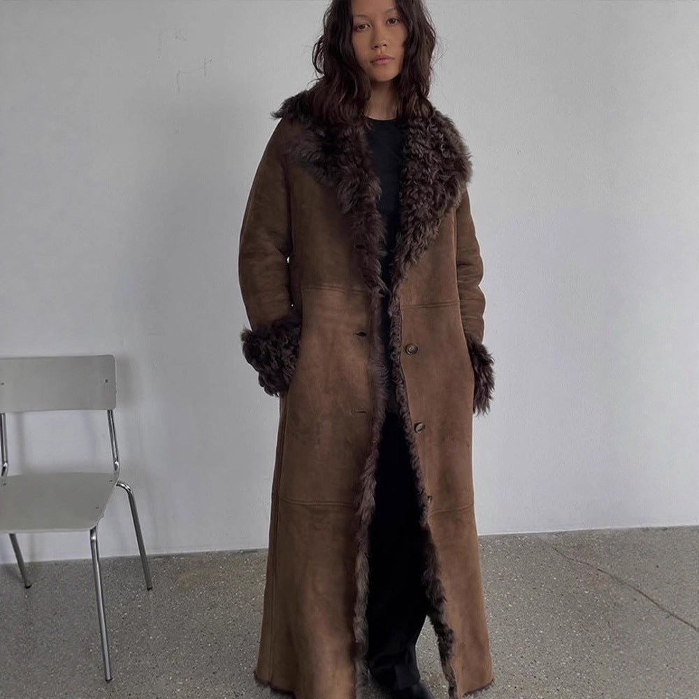 Women's Maxi-Length Faux Velvet Coat in Shearling Style with Shawl Collar and Button Placket Chichicherry - Chichicherry