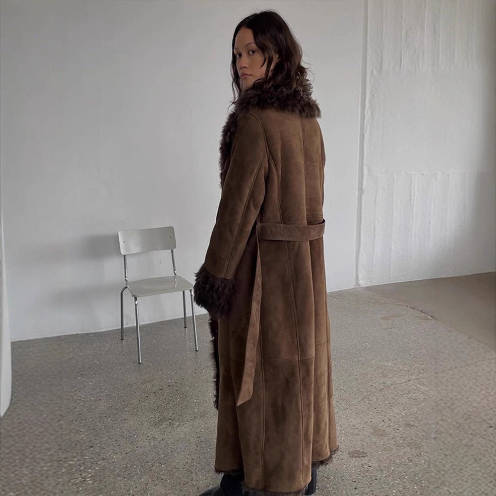 Women's Maxi-Length Faux Velvet Coat in Shearling Style with Shawl Collar and Button Placket Chichicherry - Chichicherry