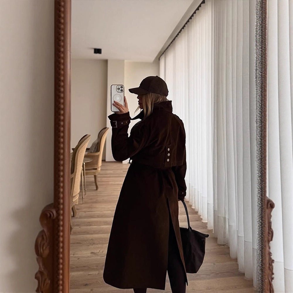 Women's Maxi Length Trench Coat in Velour Look with Double-Breasted Button Placket and Oversized Cut Chichicherry - Chichicherry