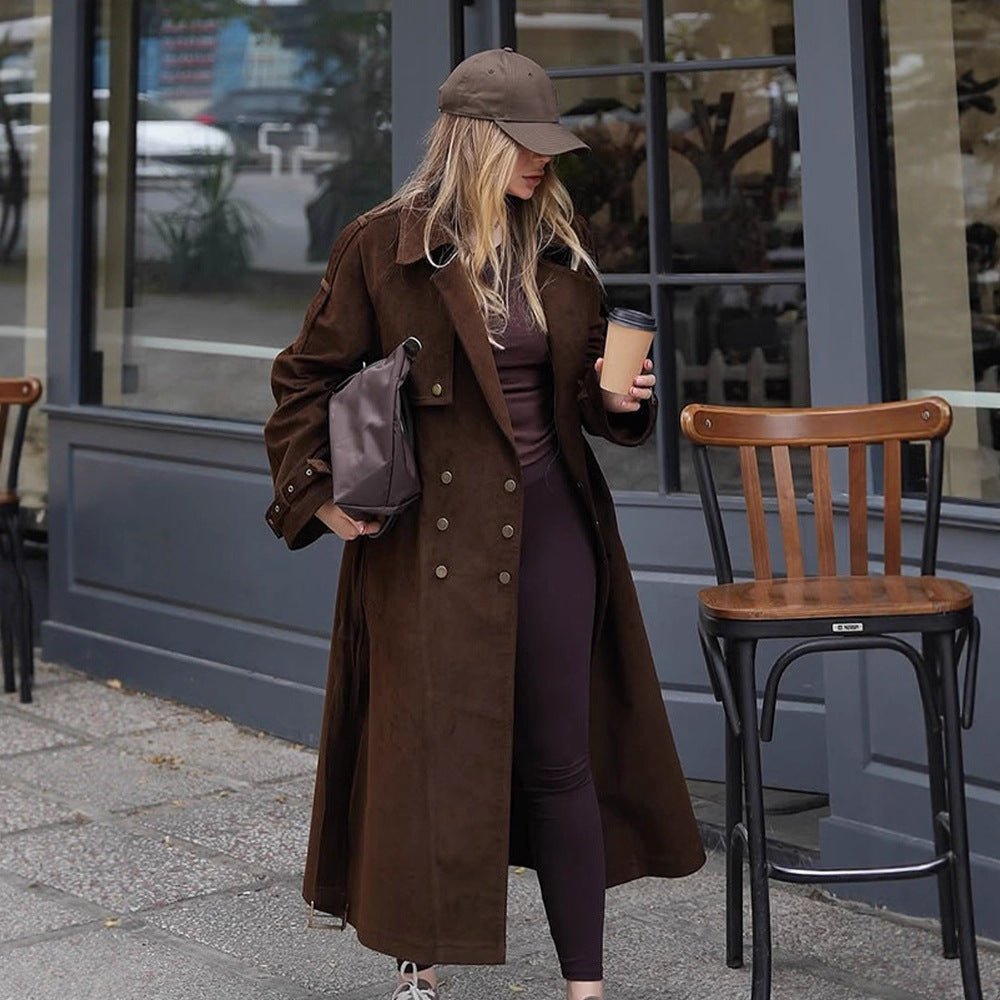 Women's Maxi Length Trench Coat in Velour Look with Double-Breasted Button Placket and Oversized Cut Chichicherry - Chichicherry