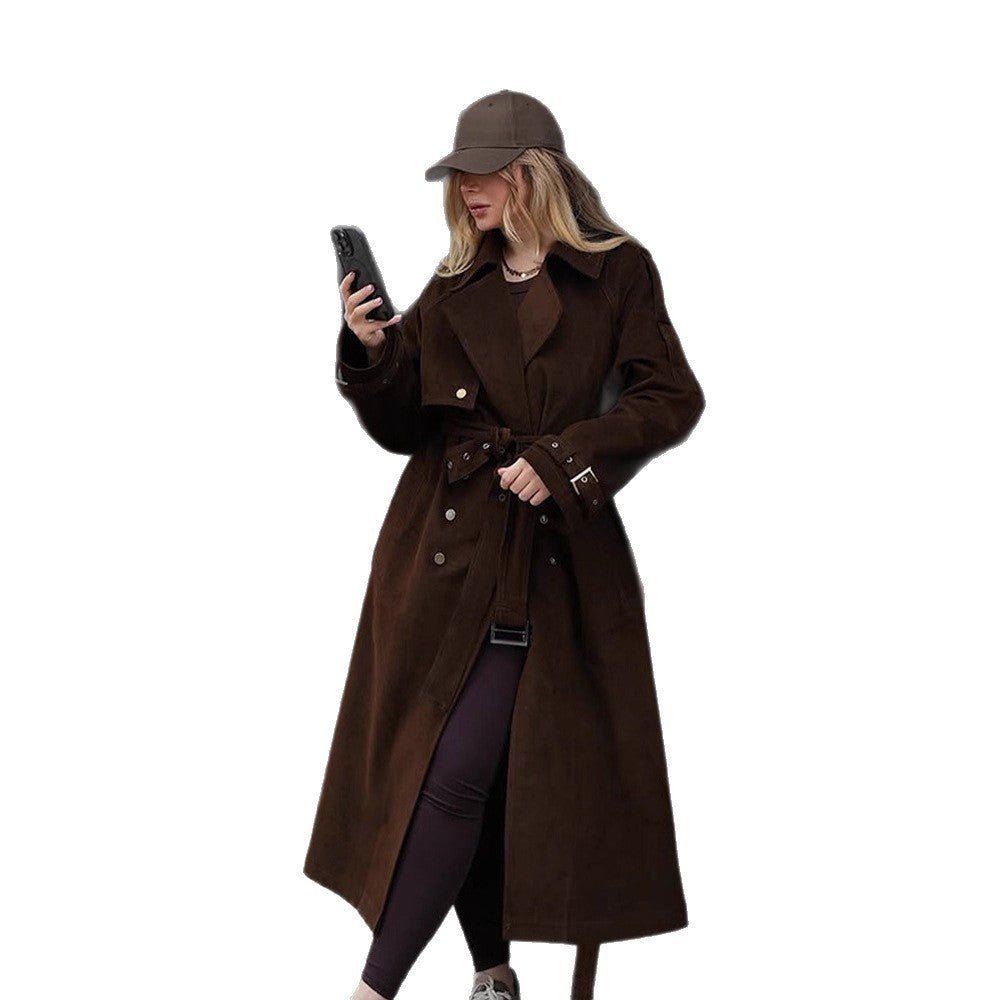 Women's Maxi Length Trench Coat in Velour Look with Double-Breasted Button Placket and Oversized Cut Chichicherry - Chichicherry